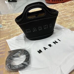 Marni Black Leather Mini Tote with White Stitching